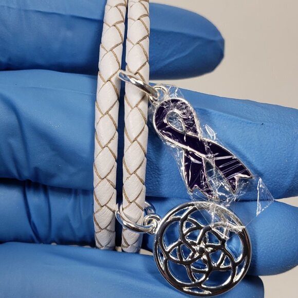 Leather White Braided Bracelet – Silver tone Ribbon & Celtic Knot Style Charms - Picture 5 of 7